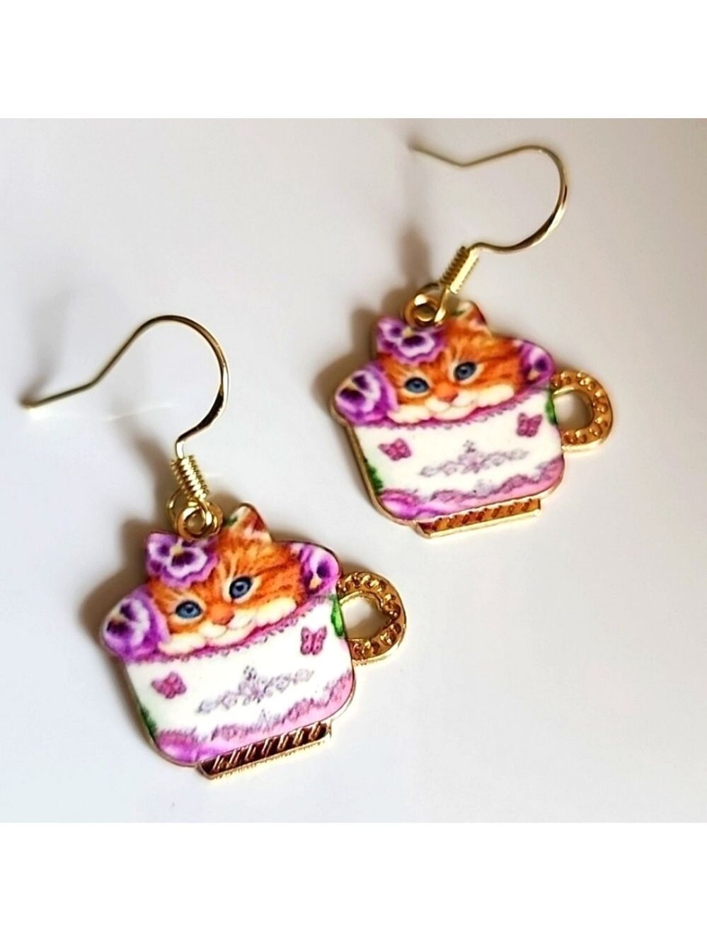 COFFEE Cup Tabby Cat Butterfly Earrings Just Stunning Petunia EO